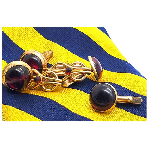 Retro Red Glass Cufflinks Love Knot Swank Correct Quality Gold Tone Link 3 Pair - Picture 1 of 9
